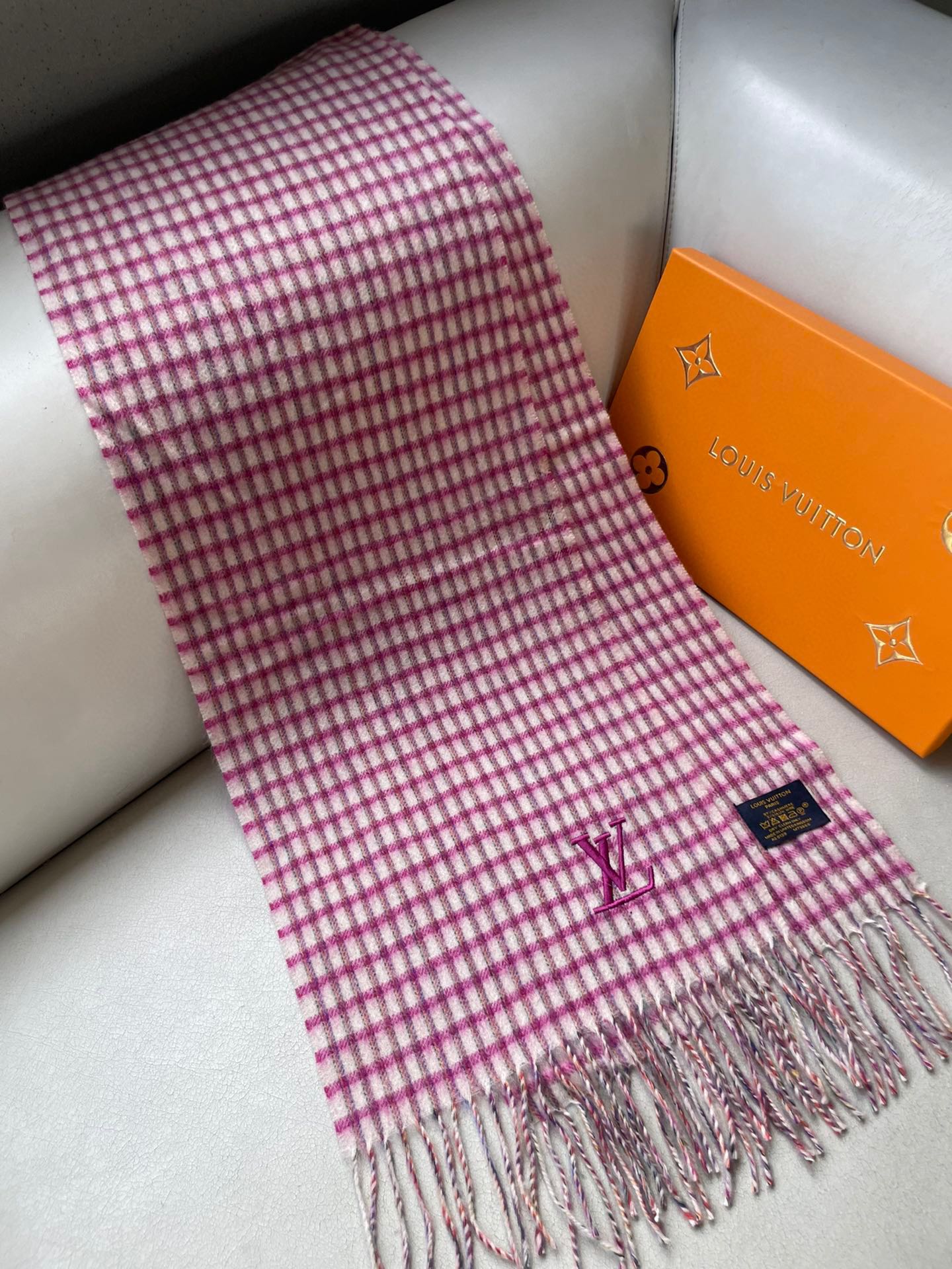 PLAID EMBROIDERY SCARF 180 CM IN BRIGHT PINK CASHMERE 399964 mysite