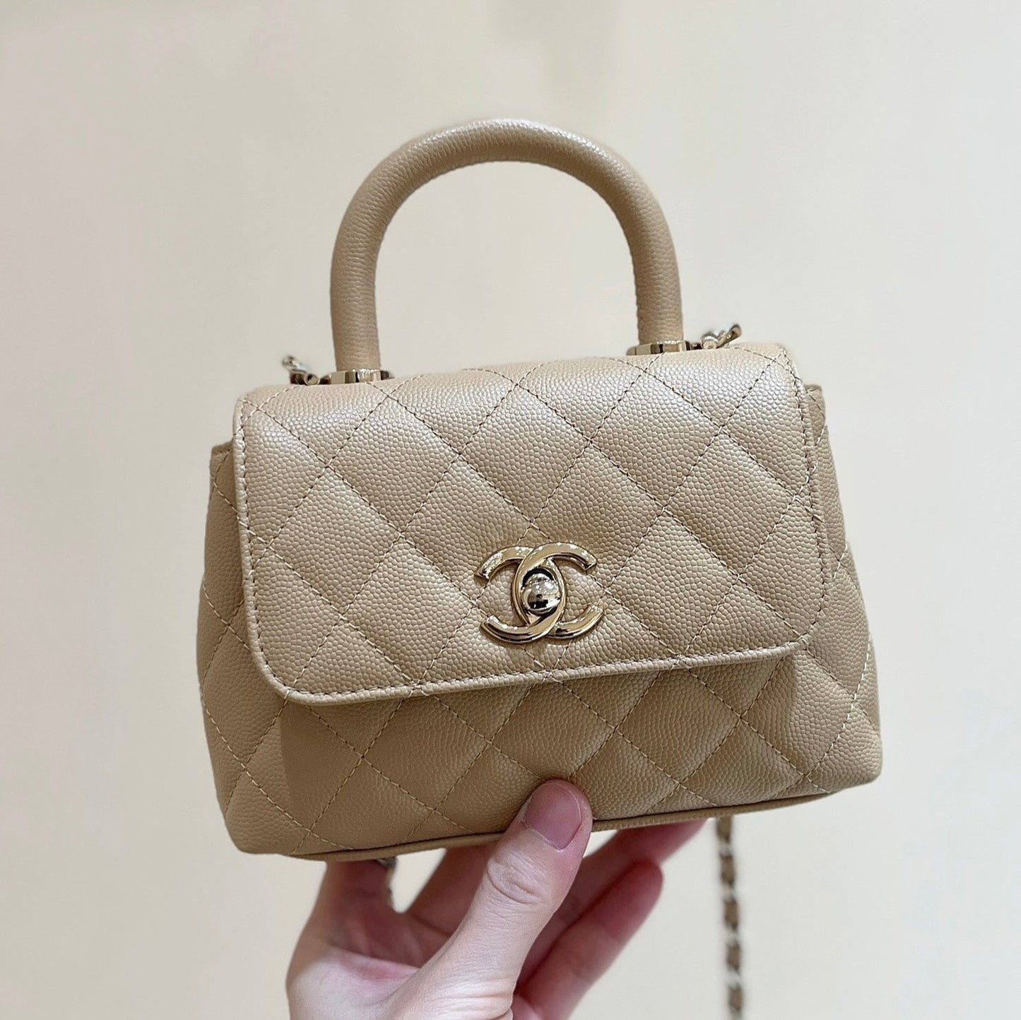 CC 24K Coco Hanle Nano 18cm Beige Grained Calfskin Gold Hardware mysite