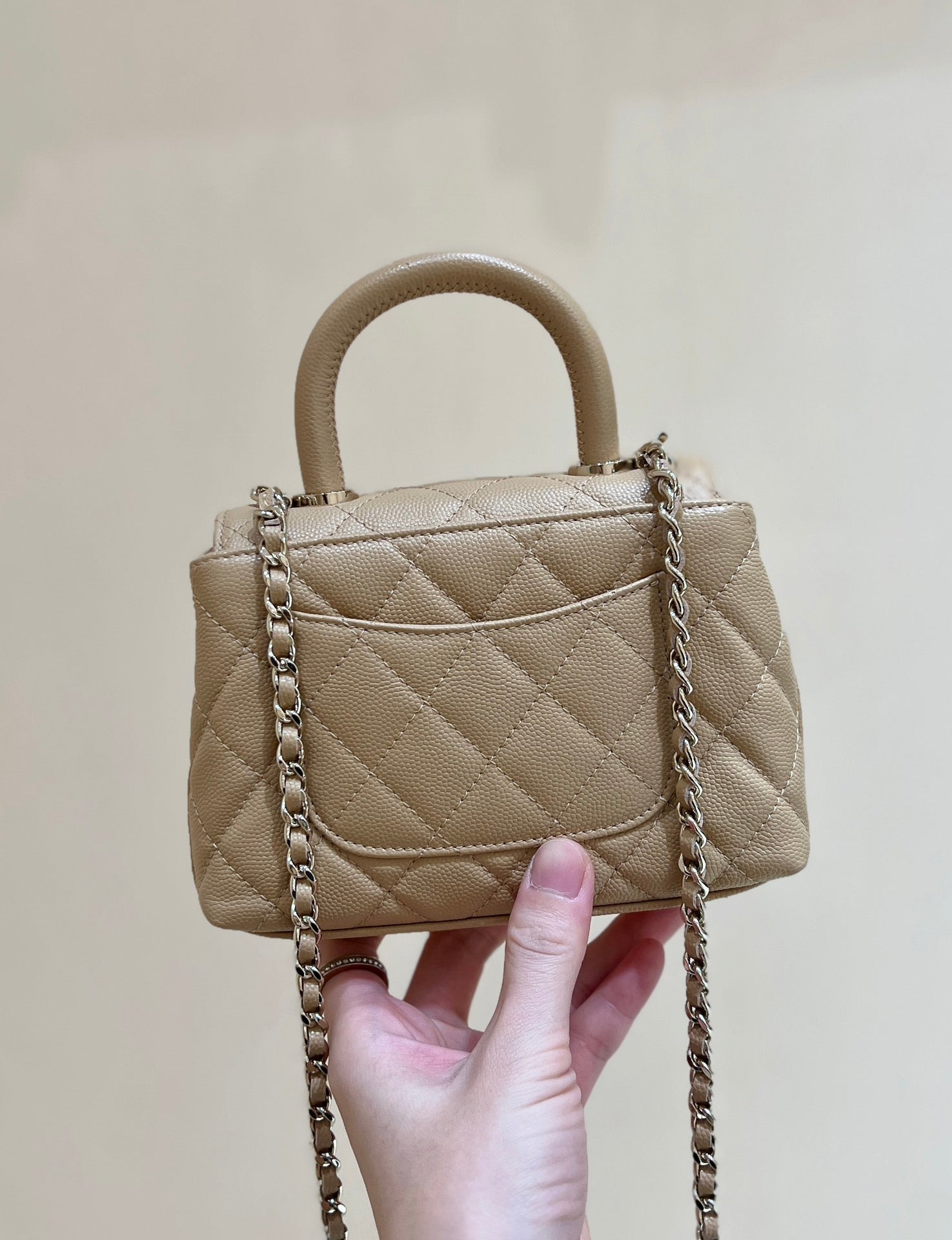 CC 24K Coco Hanle Nano 18cm Beige Grained Calfskin Gold Hardware mysite