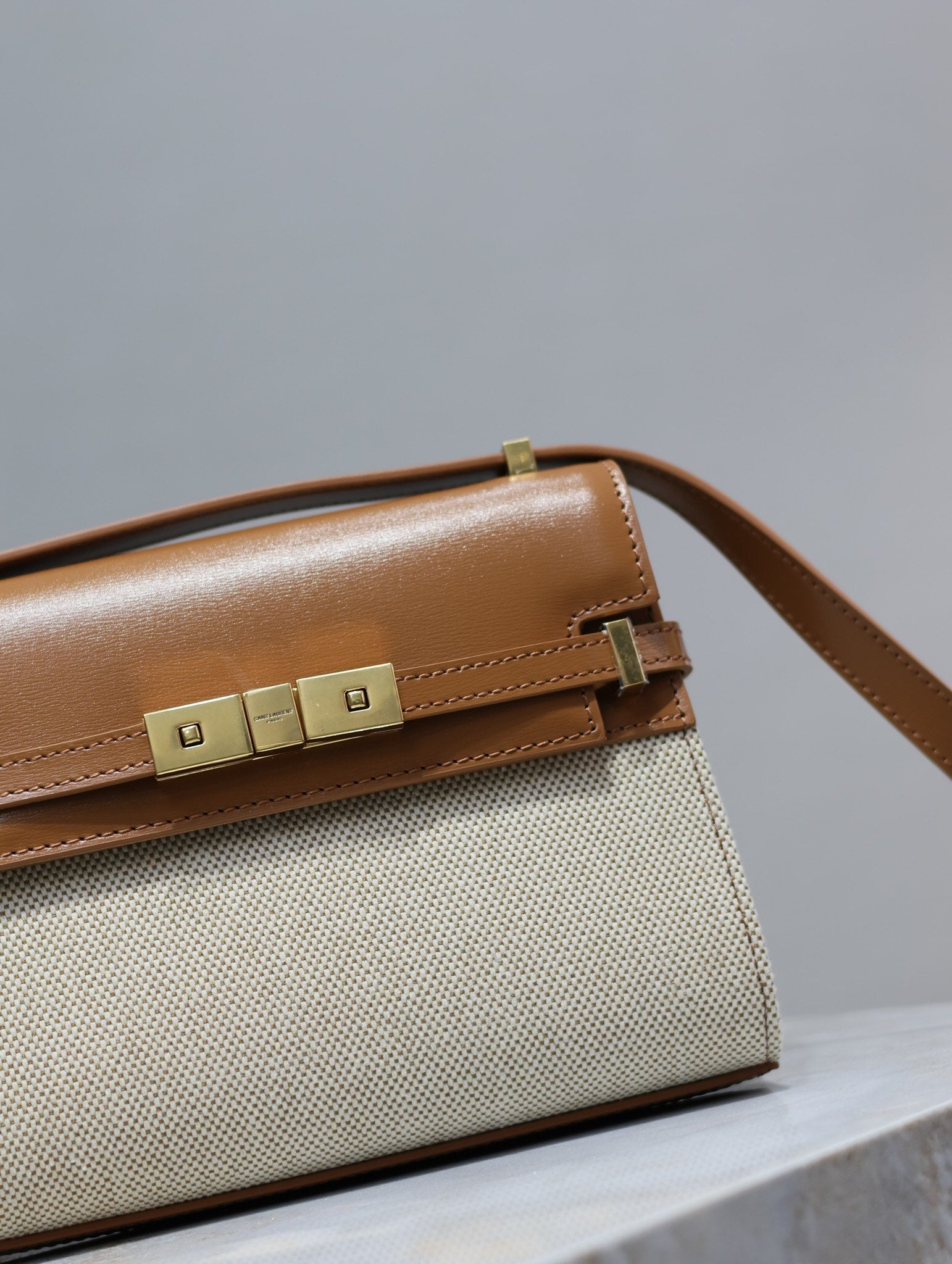 MANHATTAN MINI 19 IN WHITE CANVAS AND BROWN LAMBSKIN GOLD BUCKLE mysite