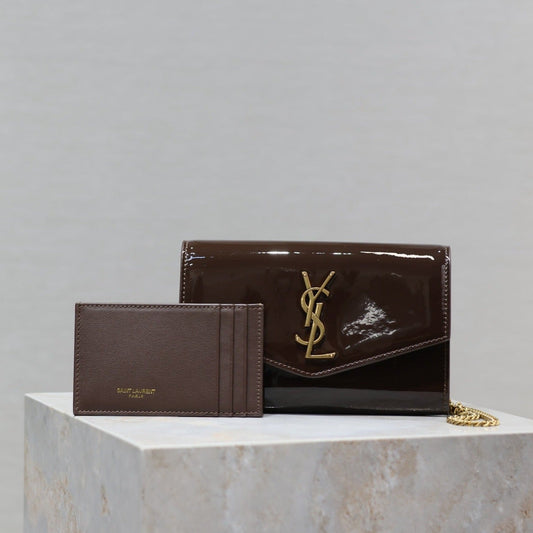 uptown chain wallet 19cm dark brown patent calfskin mysite