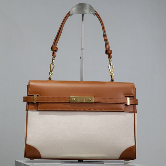 MANHATTAN HANDBAG 32 IN BROWN CALFSKIN AND WHITE CANVAS GOLD HARDWARE mysite