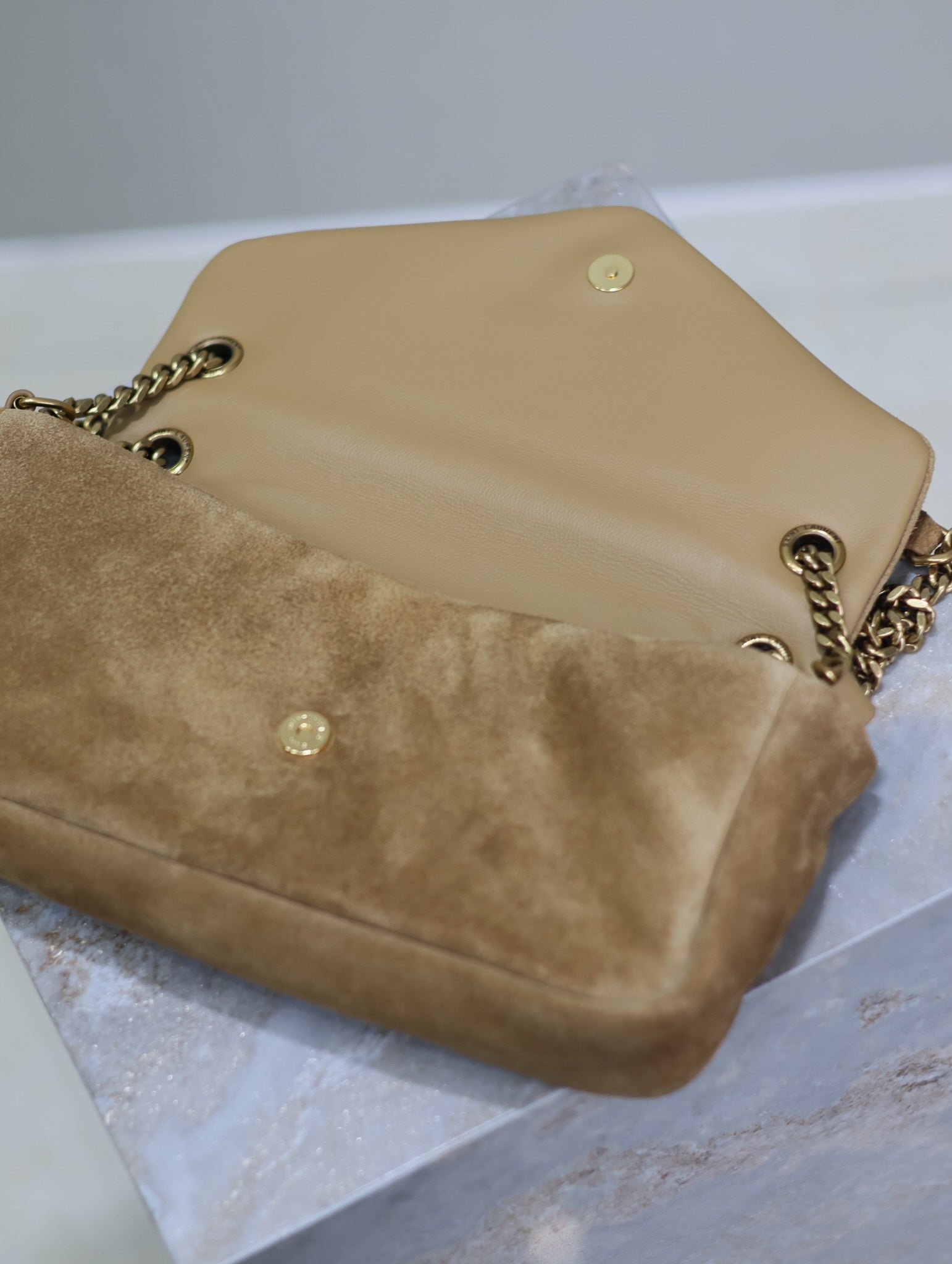 CALYPSO BAG 26 IN CIDER BROWN SUEDE GOLD HARDWARE mysite