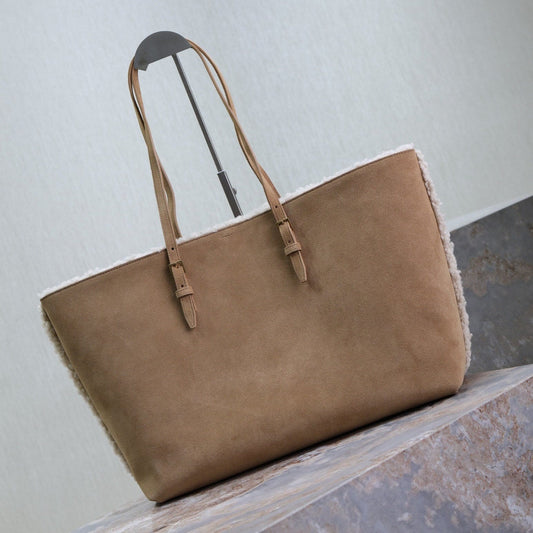 SHOPPING TOTE BAG 38 IN TAN BROWN SUEDE AND WHITE SHEARLING TRIM mysite