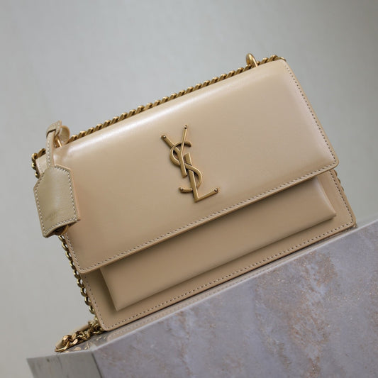 YSL Medium Sunset Shoulder Bag 22cm Beige Cowhide GHW mysite