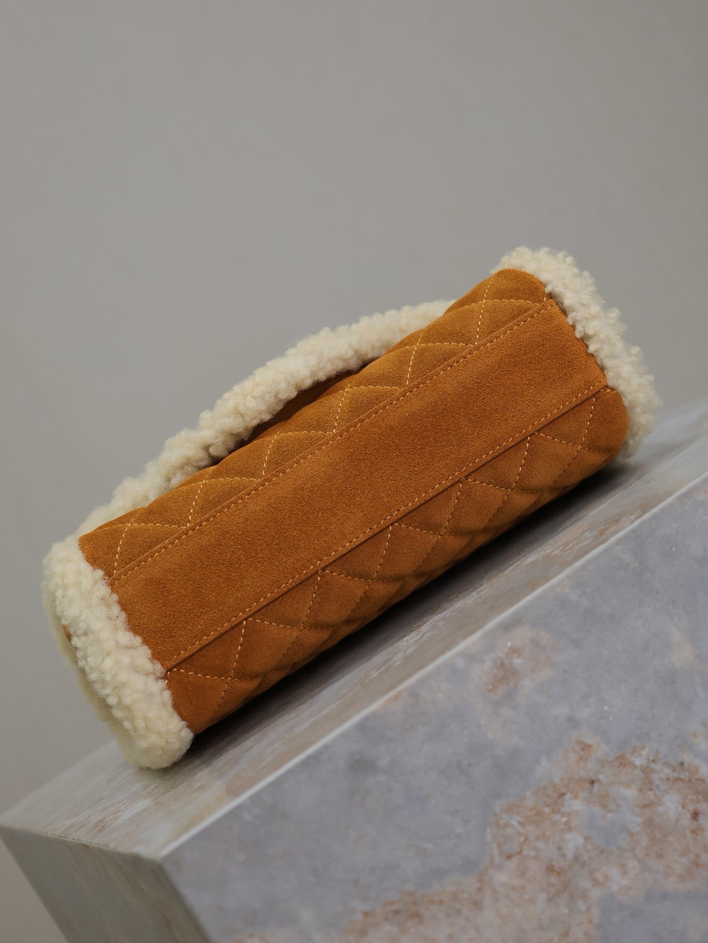 ENVELOPE CHAIN BAG 21 IN BRONZE BROWN SUEDE AND WHITE SHEARLING TRIM GOLD HARDWARE mysite