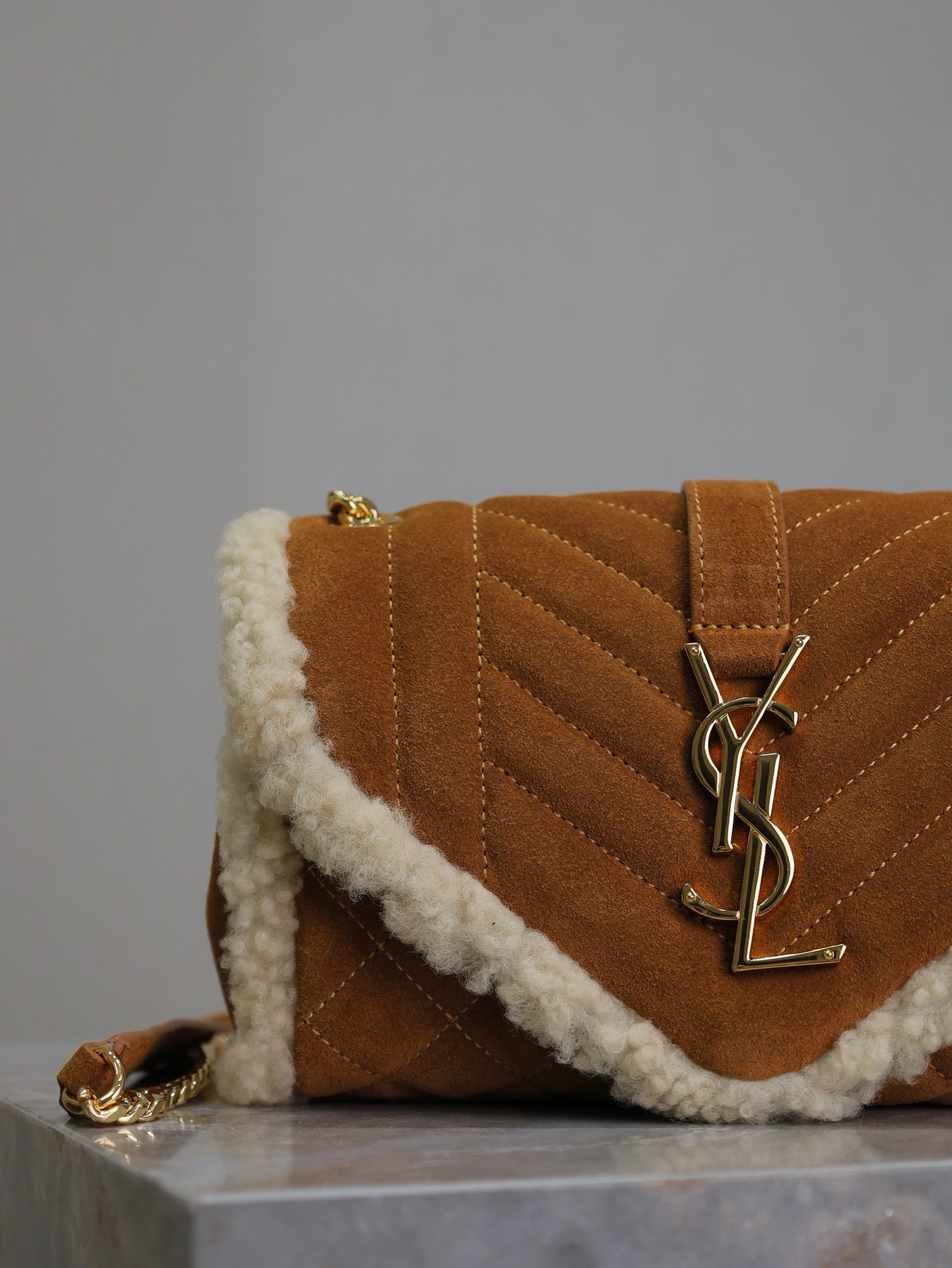 ENVELOPE CHAIN BAG 21 IN BRONZE BROWN SUEDE AND WHITE SHEARLING TRIM GOLD HARDWARE mysite