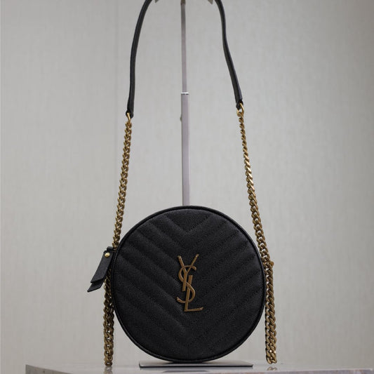 VINYLE SMALL ROUND BAG 17 IN BLACK CAVIAR LEATHER GOLD HARDWARE mysite