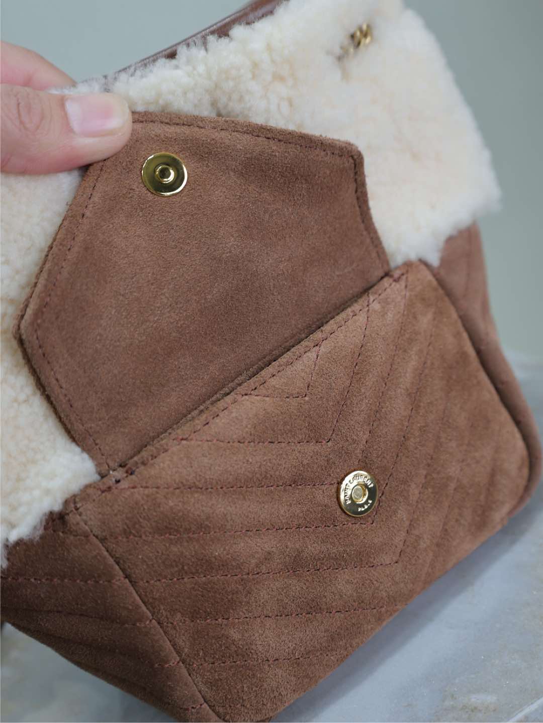 JOE MINI BUCKET BAG 19 IN WHITE SHEARLING AND BROWN SUEDE mysite