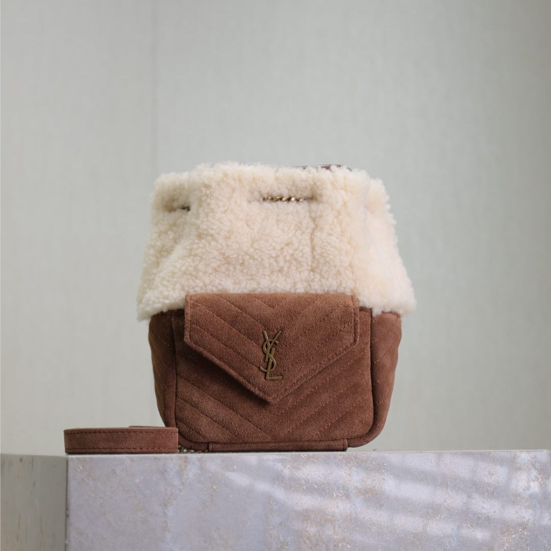 JOE MINI BUCKET BAG 19 IN WHITE SHEARLING AND BROWN SUEDE mysite