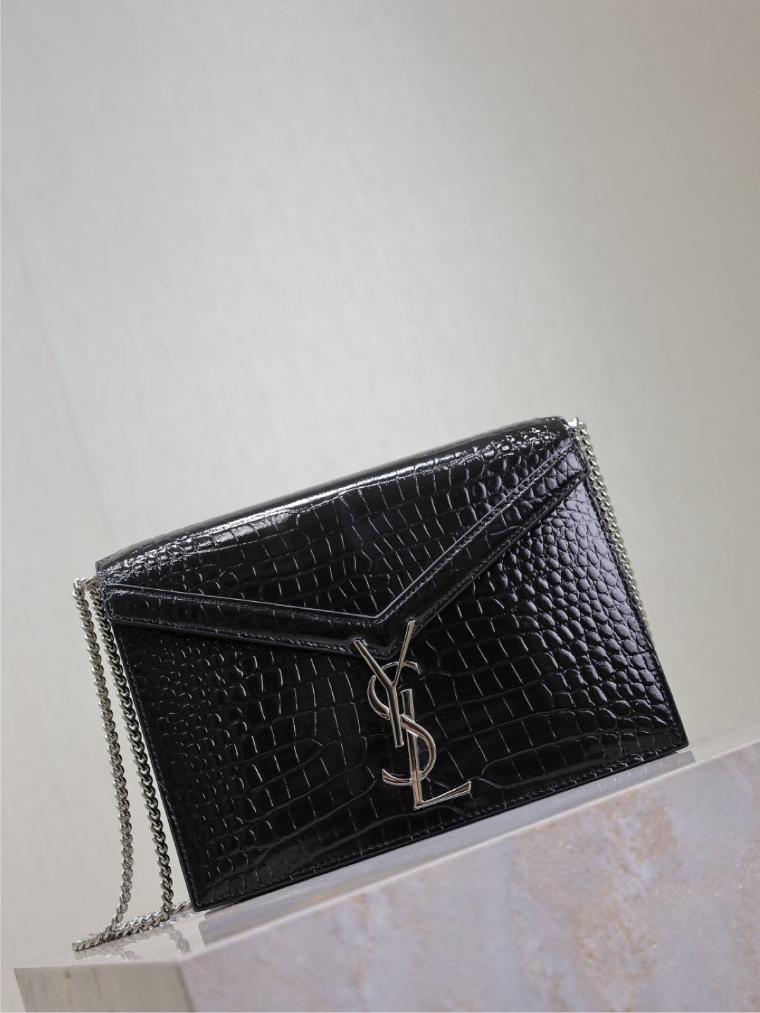 CASSANDRA CHAIN BAG 22 IN BLACK CROCODILE PATTERN CALFSKIN SILVER HARDWARE mysite
