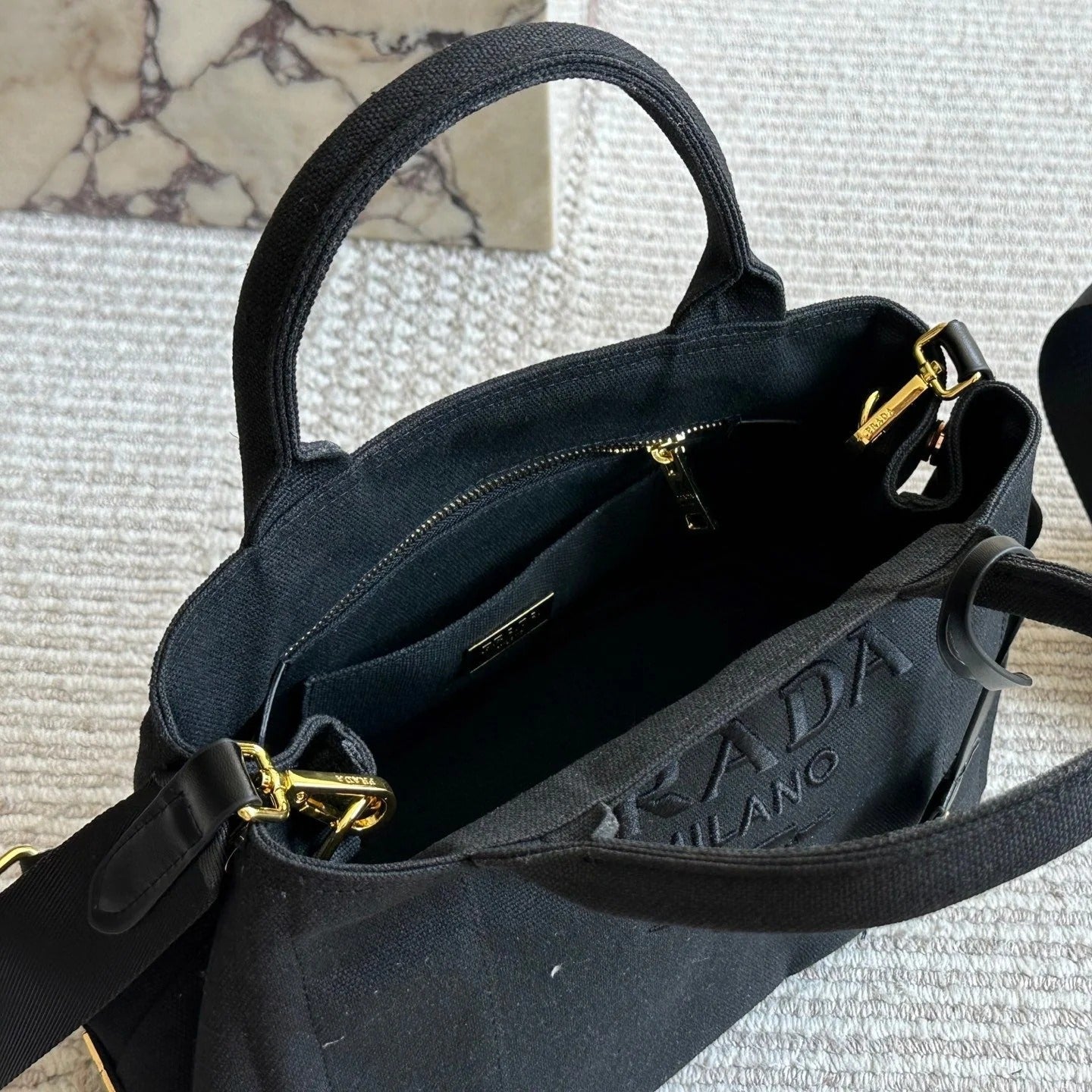 EMBROIDED LOGO LARGE HANDBAG 30 IN BLACK LINEN BLEND mysite