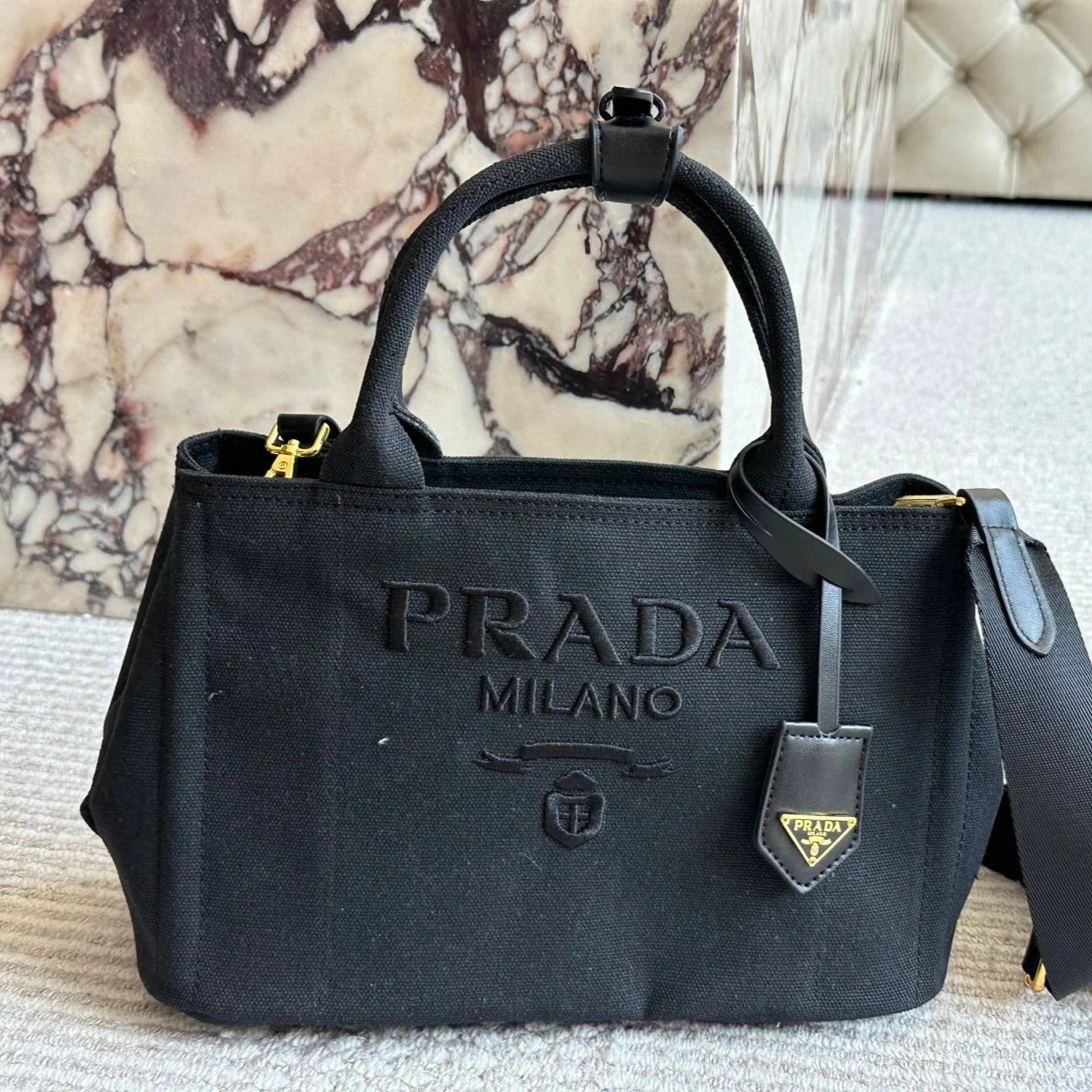 EMBROIDED LOGO LARGE HANDBAG 30 IN BLACK LINEN BLEND mysite