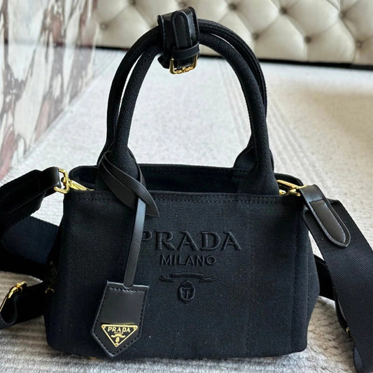 EMBROIDED LOGO LARGE HANDBAG 30 IN BLACK LINEN BLEND mysite