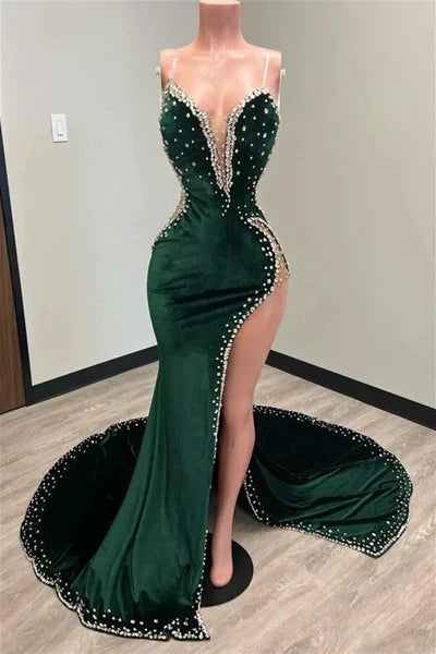 Green gorgeous shiny elegant long side slit sexy velvet mermaid floor length ball gown prom dress evening gown with train gh2337s mysite