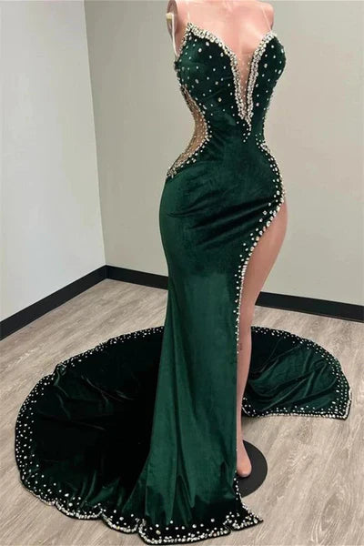 Green gorgeous shiny elegant long side slit sexy velvet mermaid floor length ball gown prom dress evening gown with train gh2337s mysite