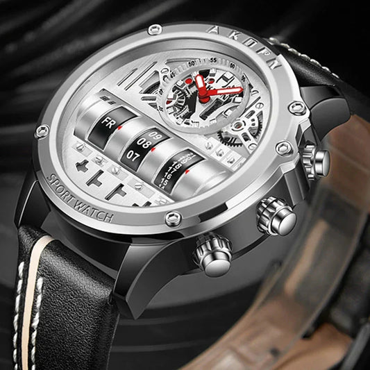 Stylish Quartz Men's Watch with Unique Rotating Date and Leather Strap - Military-Inspired Casual Timepieces-1 mysite