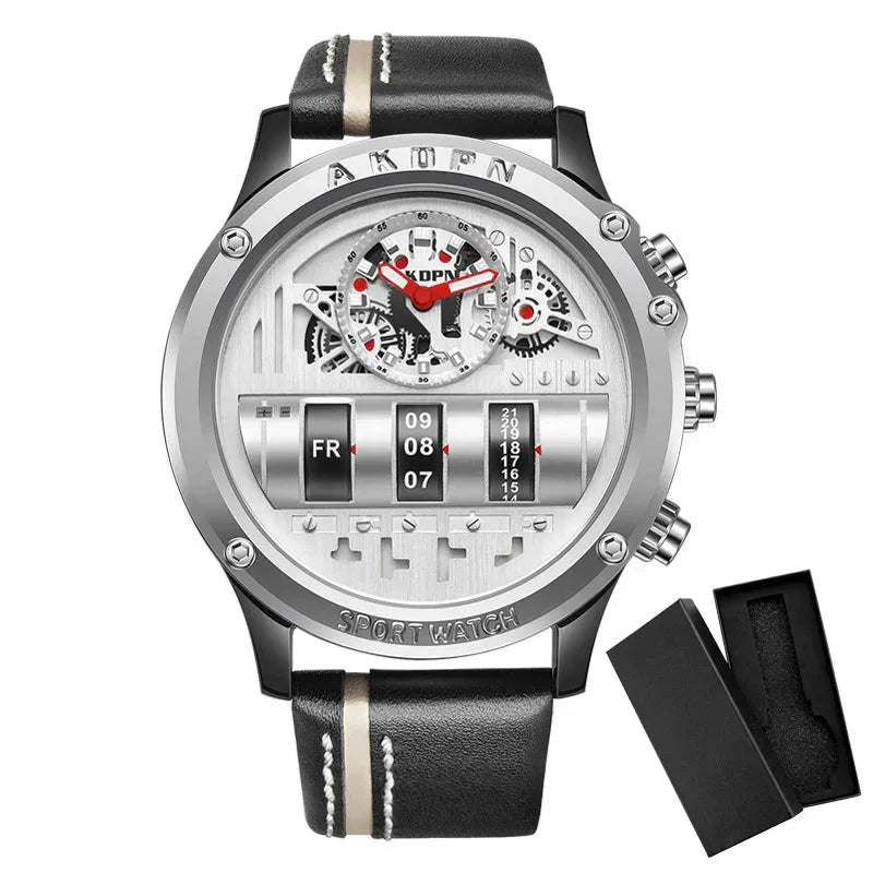 Stylish Quartz Men's Watch with Unique Rotating Date and Leather Strap - Military-Inspired Casual Timepieces-1 mysite