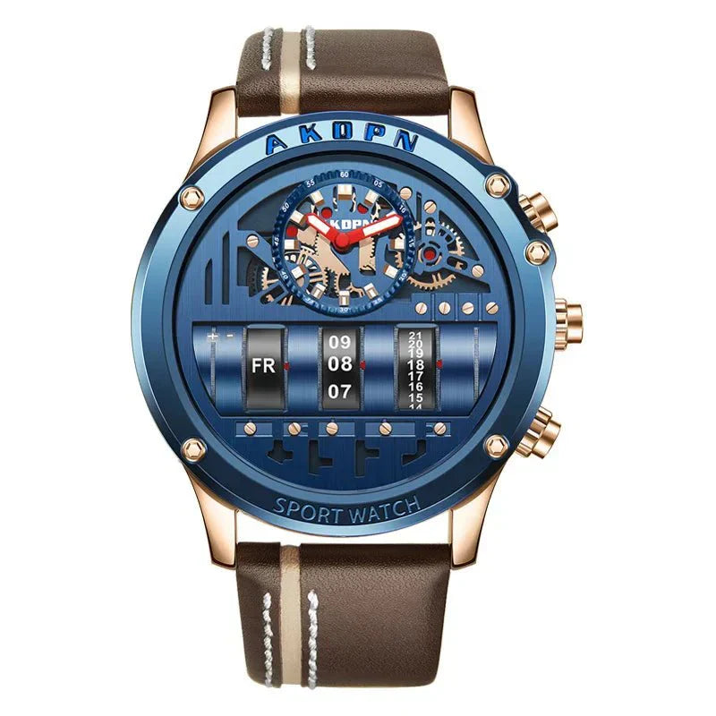 Stylish Quartz Men's Watch with Unique Rotating Date and Leather Strap - Military-Inspired Casual Timepieces-1 mysite