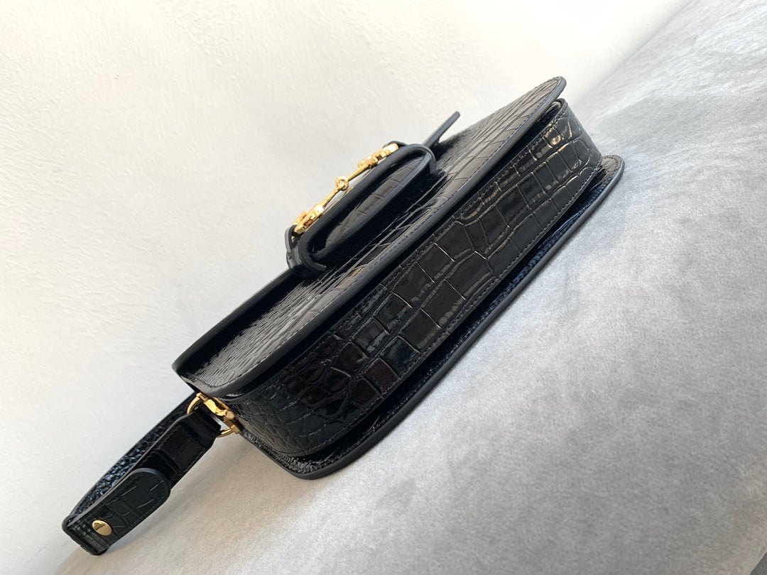 GG 1955 Horsebit Bag 25cm Black Crocodile Leather Gold Hardware mysite