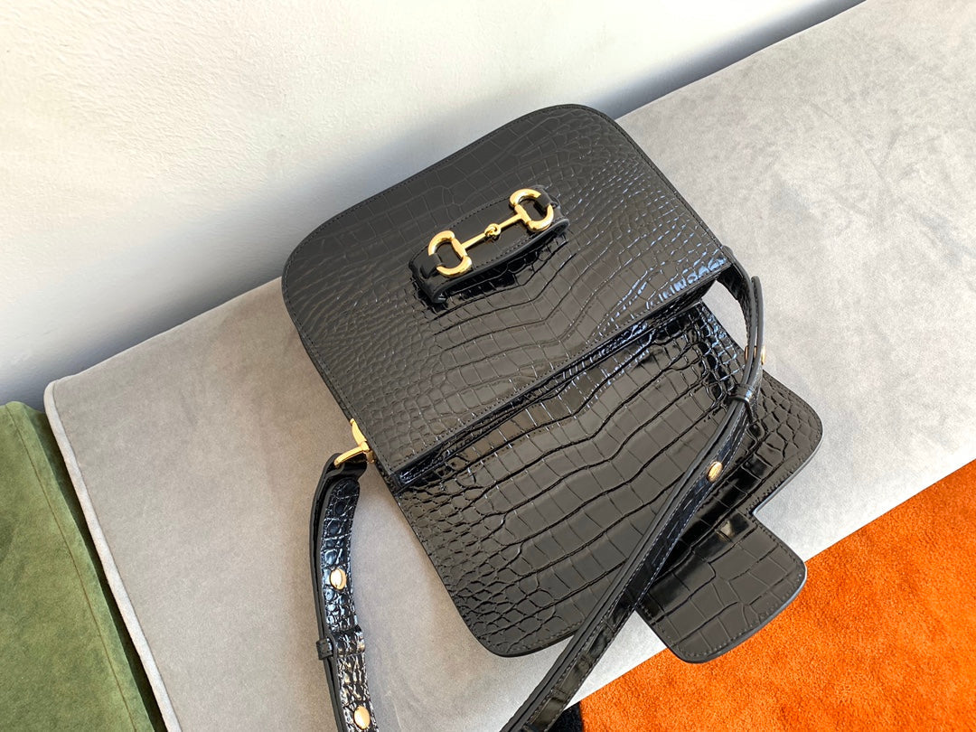 GG 1955 Horsebit Bag 25cm Black Crocodile Leather Gold Hardware mysite