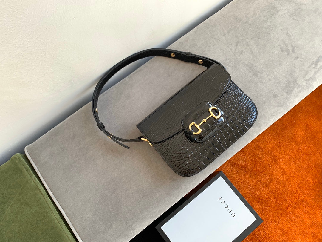 GG 1955 Horsebit Bag 25cm Black Crocodile Leather Gold Hardware mysite