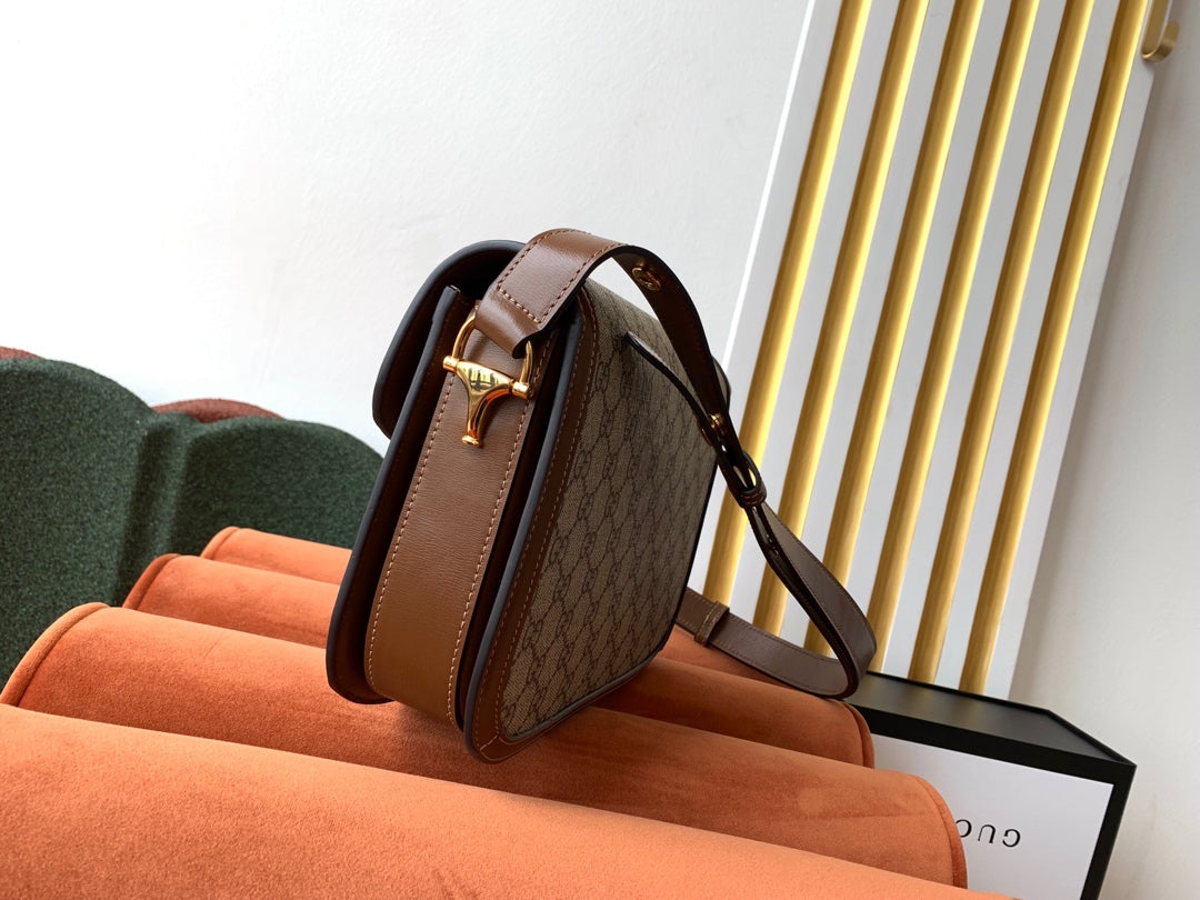 GG 1955 Horsebit Bag 25cm Brown Leather Beige Canvas Gold Hardware mysite