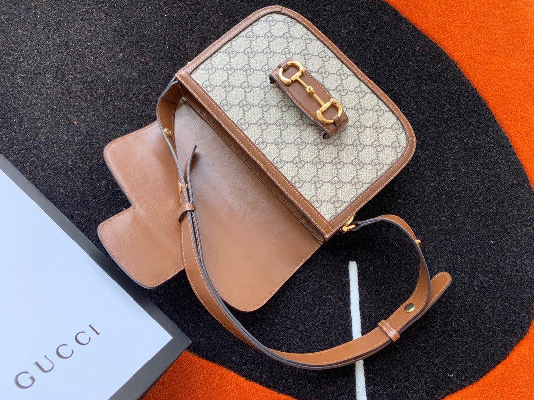 GG 1955 Horsebit Bag 25cm Brown Leather Beige Canvas Gold Hardware mysite